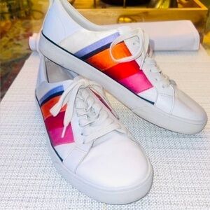 Diane Von Furstenberg off white Leather Multi Color Lace Up Sneakers, Size 10,